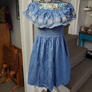 EMBROIDED DENIM OFF THE SHOULDER FLAP OVER DENIM LOOKING DRESS WITH POCKETS!